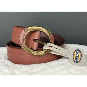 NEW Fossil Brown Leather Belt Wide Sz L UNIQUE Brass Tone/Leather Oval Buckle